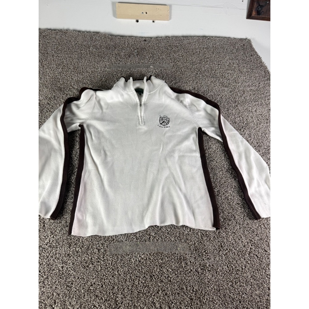Lauren Active Ralph‎ Lauren Mens White Brown Stripe Quarter Zip Cotton Sweater L